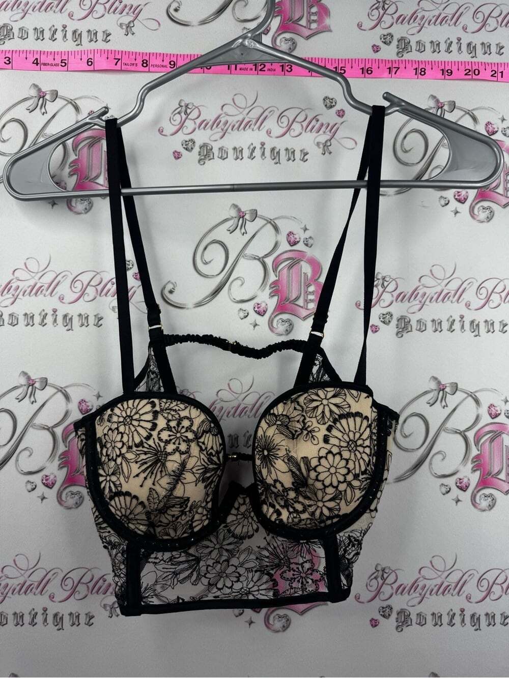 Victoria's Secret balconet bra rhinestone Black Lace Overlay Longline Bra Nude